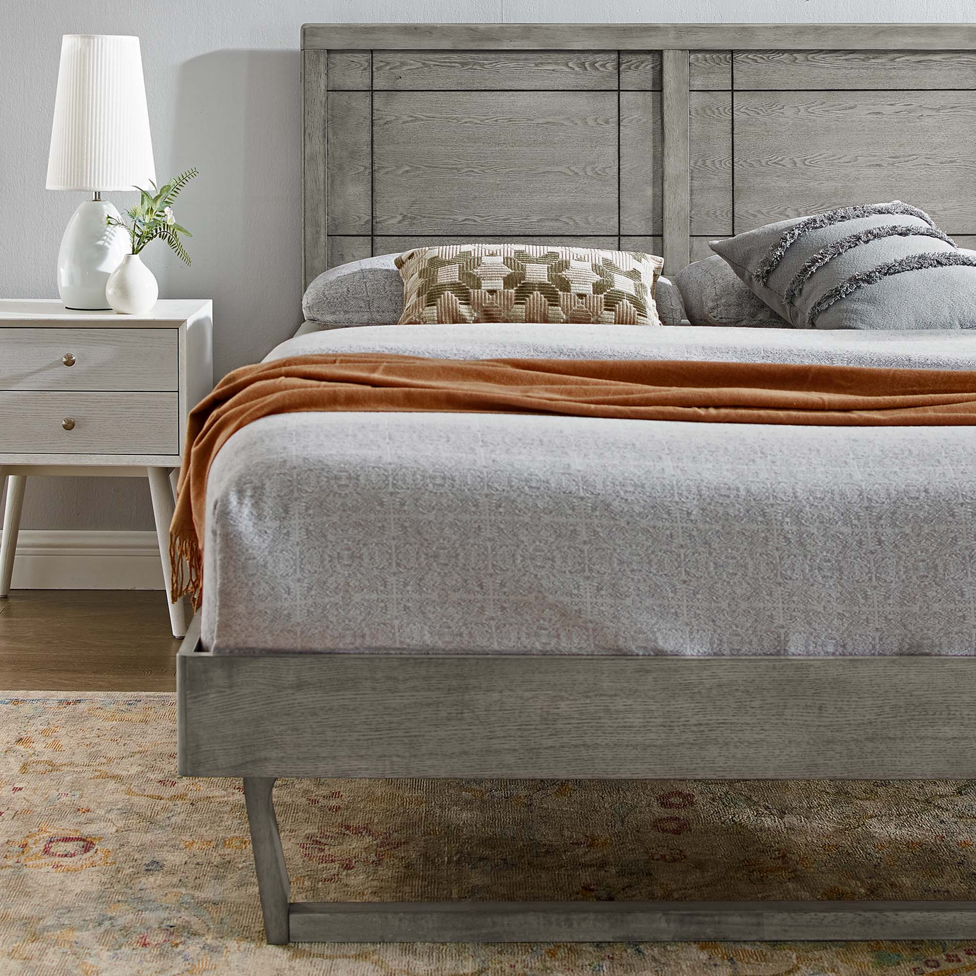 Wood Platform Bed with Window Pane Headboard - Image 48