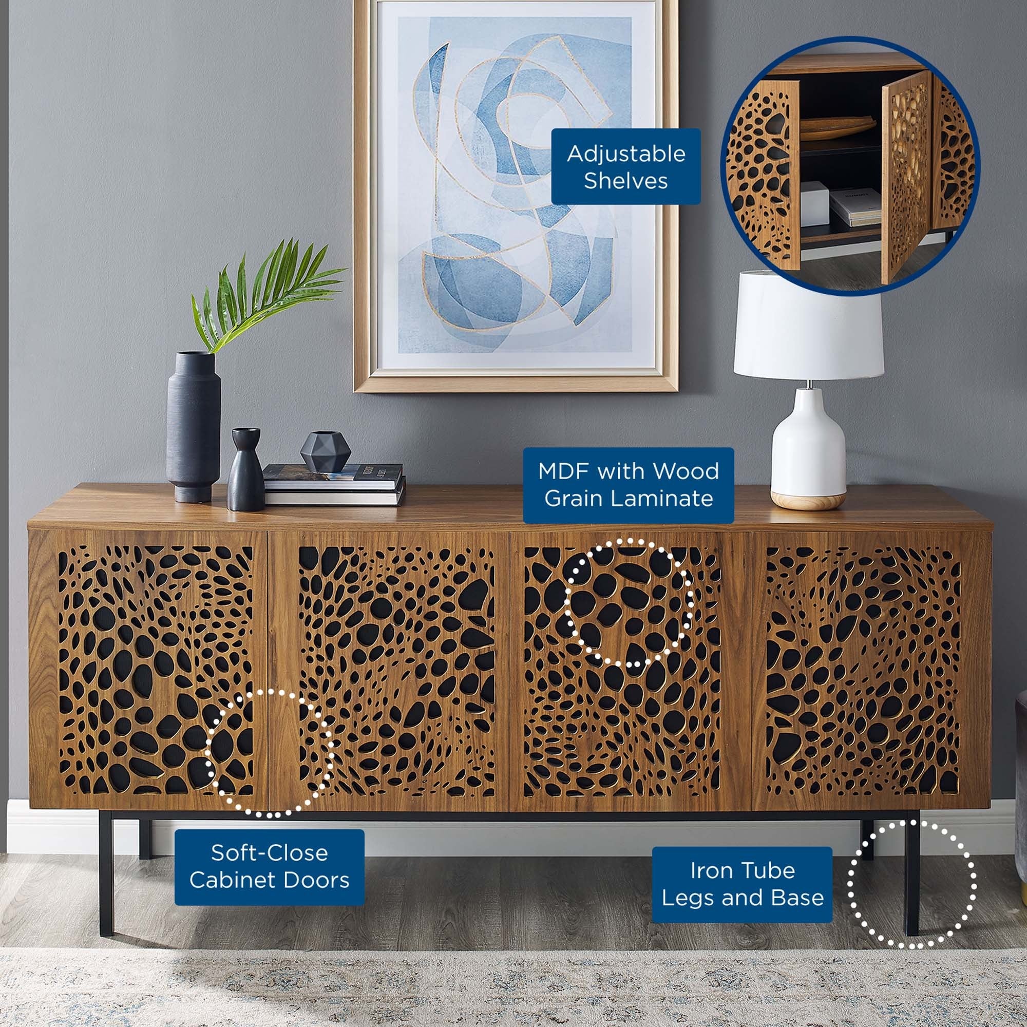 Wood TV Stand with Sliding Doors and Storage – Walnut Finish 73 Inch - Image 10