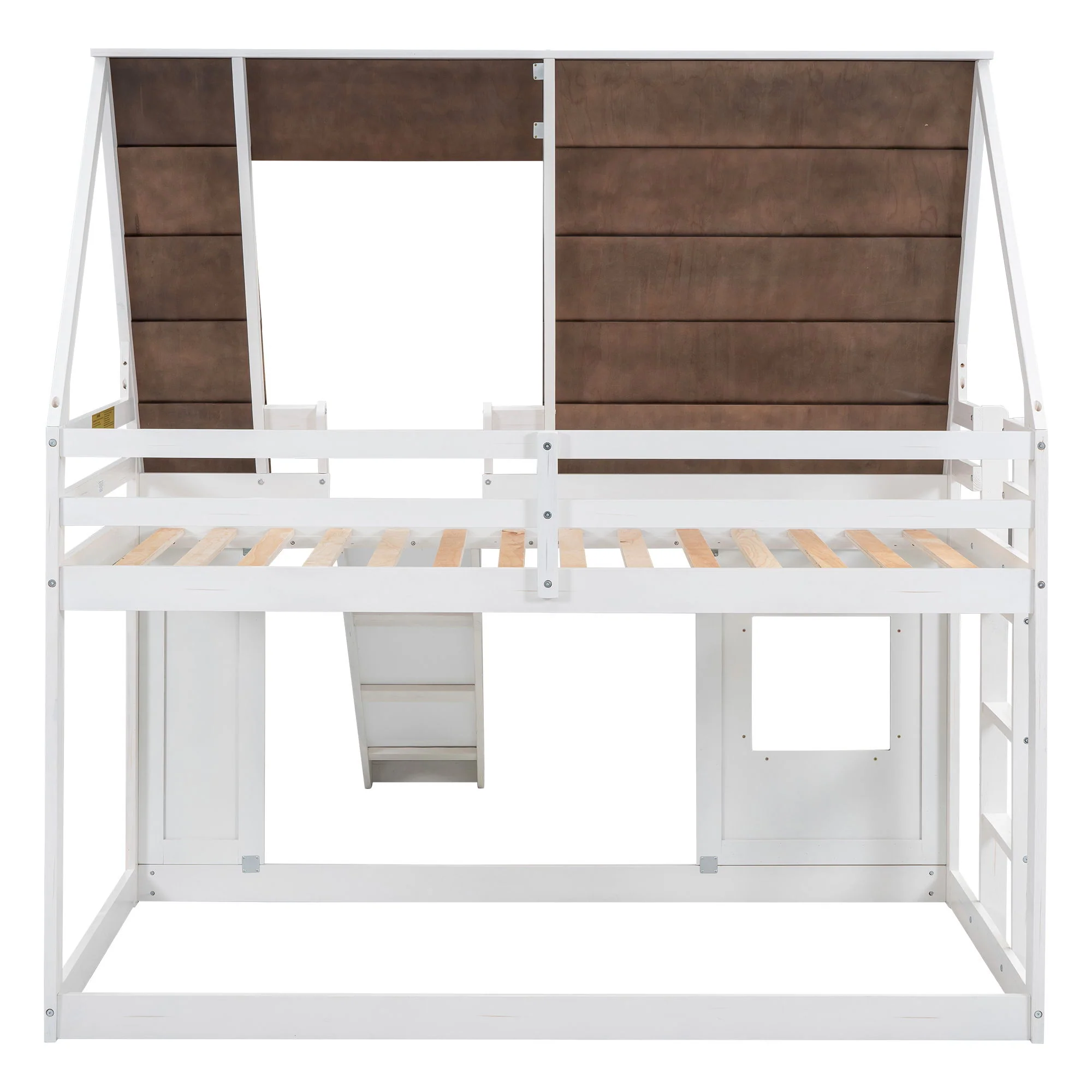 Wood Twin Size House Bunk Bed With Roof, Ladder And Slide - White / Brown - Image 4