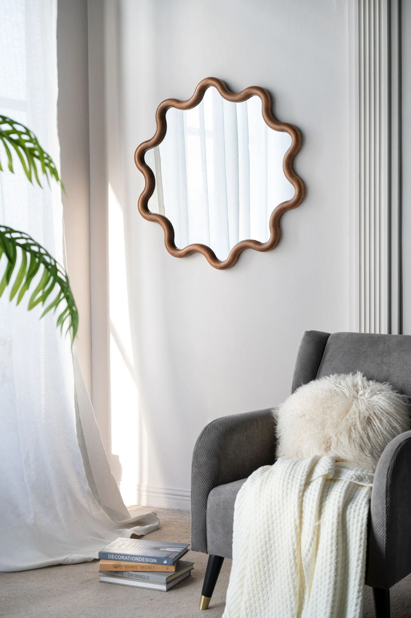 Wooden Accent Mirror With Unique Frame, Wall Mirror For Living Room Bedroom Entryway - Brown - Image 6
