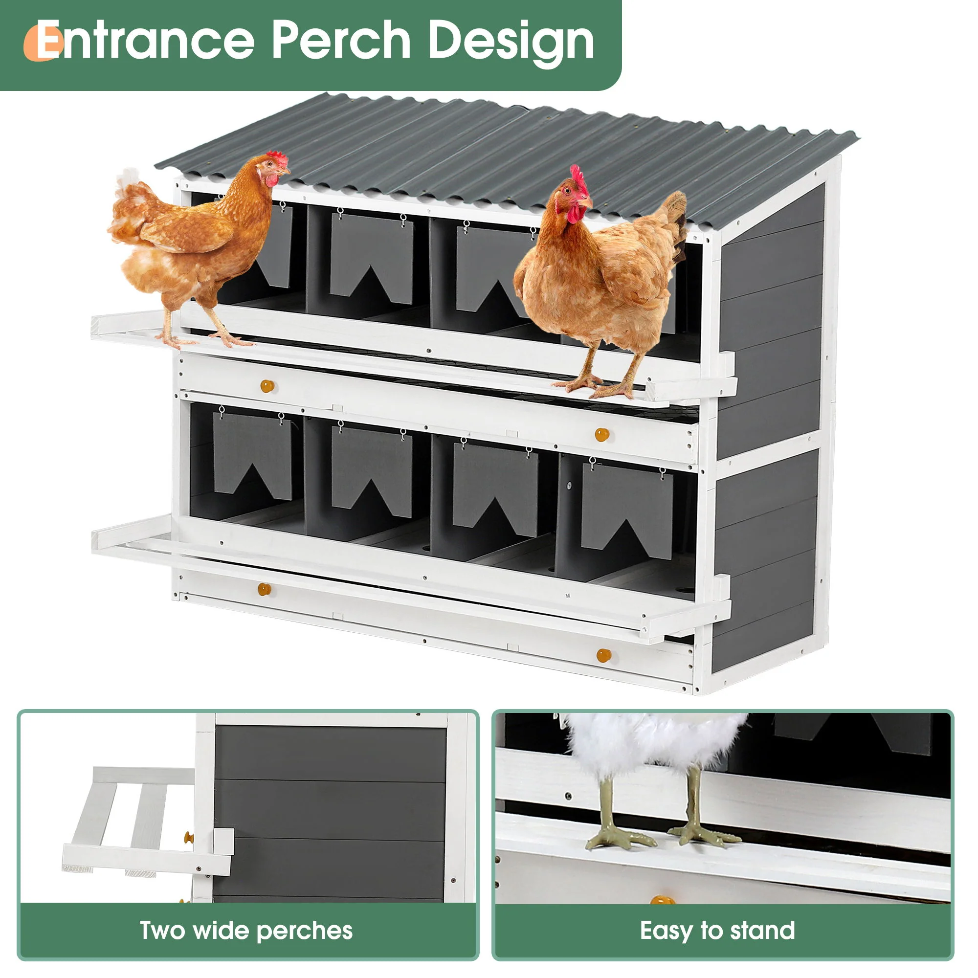 Wooden Chicken Nesting Box With 2 Egg Collection Drawers - White / Gray - Image 2