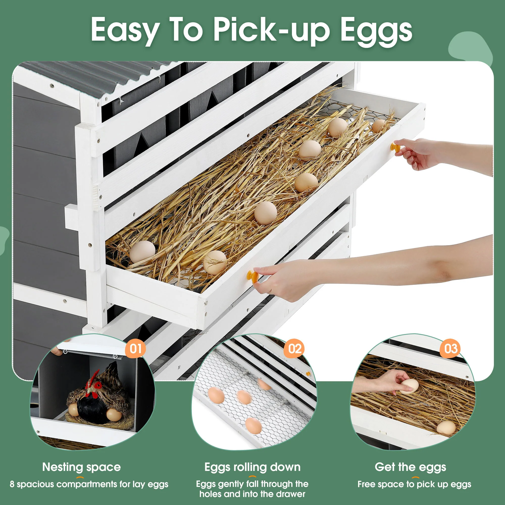 Wooden Chicken Nesting Box With 2 Egg Collection Drawers - White / Gray - Image 7