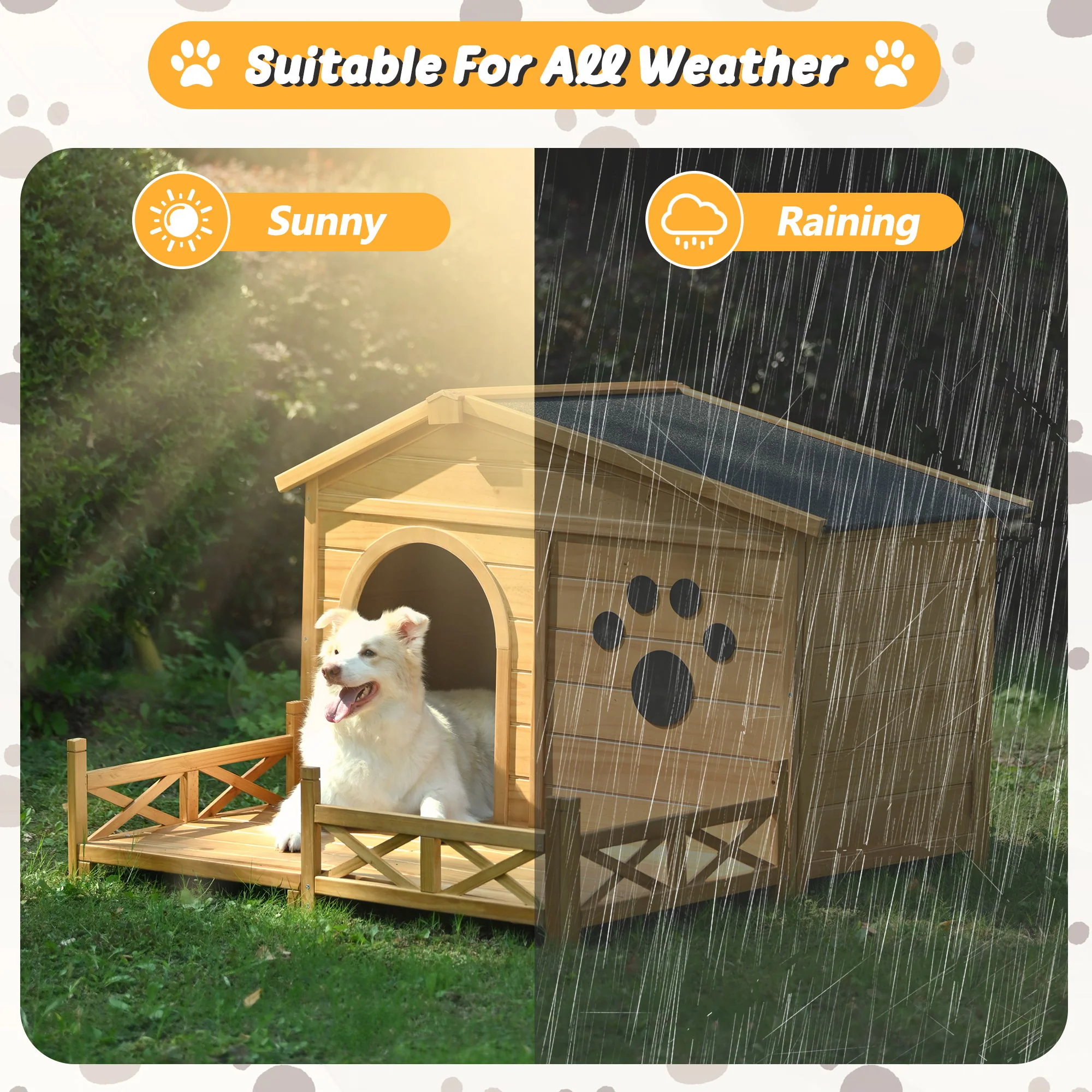 Wooden Dog House Outdoor With Porch, Dog Kennel With Water Resistant Asphalt Roof And Fencing, Indoor & Outdoor Dog Crate With Paw Print, Medium - Nature - Image 3