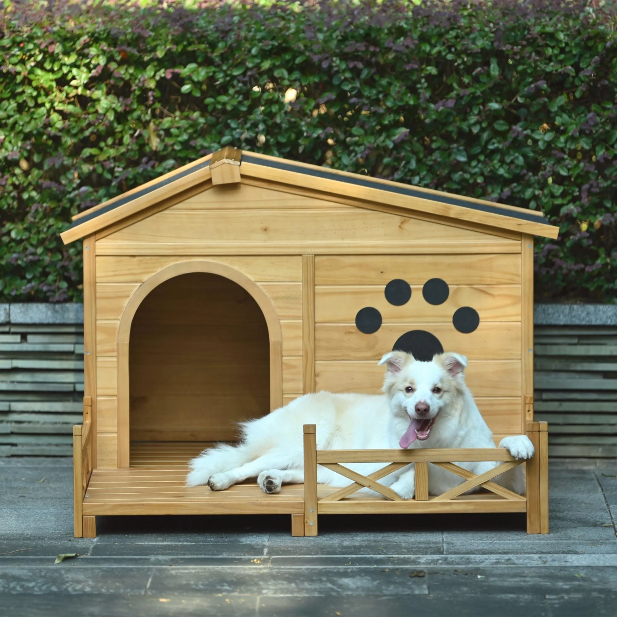 Wooden Dog House Outdoor With Porch, Dog Kennel With Water Resistant Asphalt Roof And Fencing, Indoor & Outdoor Dog Crate With Paw Print, Medium - Nature - Image 4