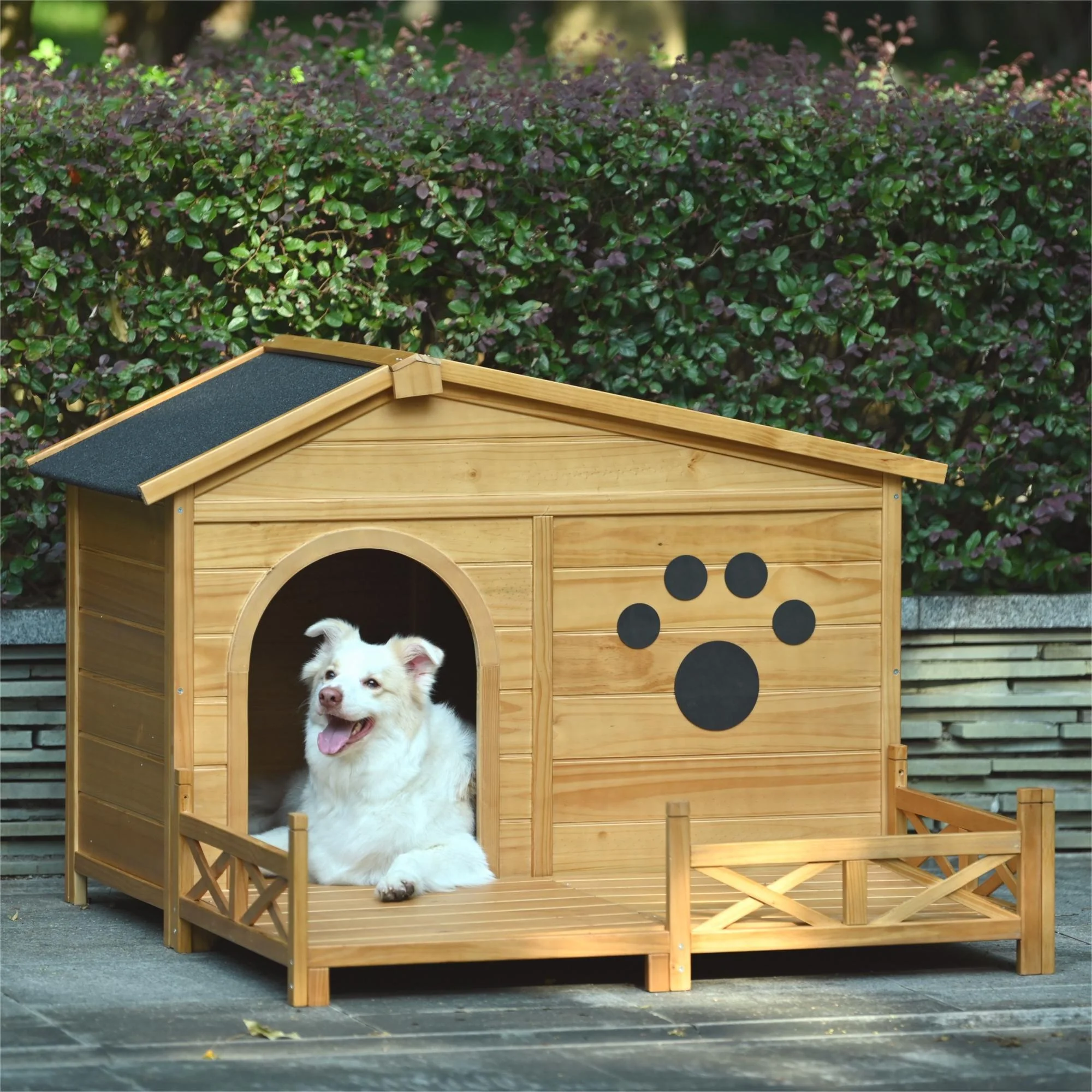 Wooden Dog House Outdoor With Porch, Dog Kennel With Water Resistant Asphalt Roof And Fencing, Indoor & Outdoor Dog Crate With Paw Print, Medium - Nature - Image 5