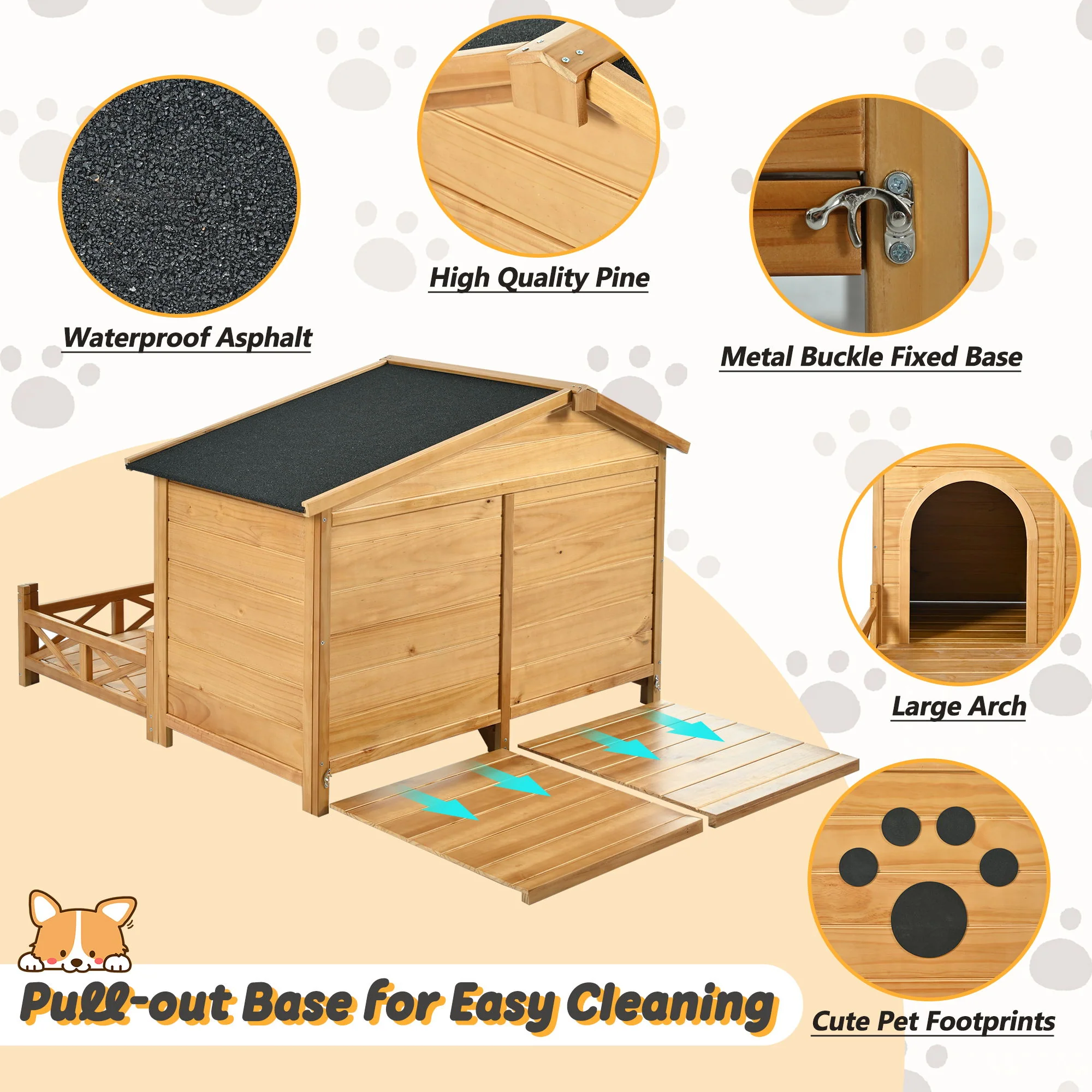Wooden Dog House Outdoor With Porch, Dog Kennel With Water Resistant Asphalt Roof And Fencing, Indoor & Outdoor Dog Crate With Paw Print, Medium - Nature - Image 6