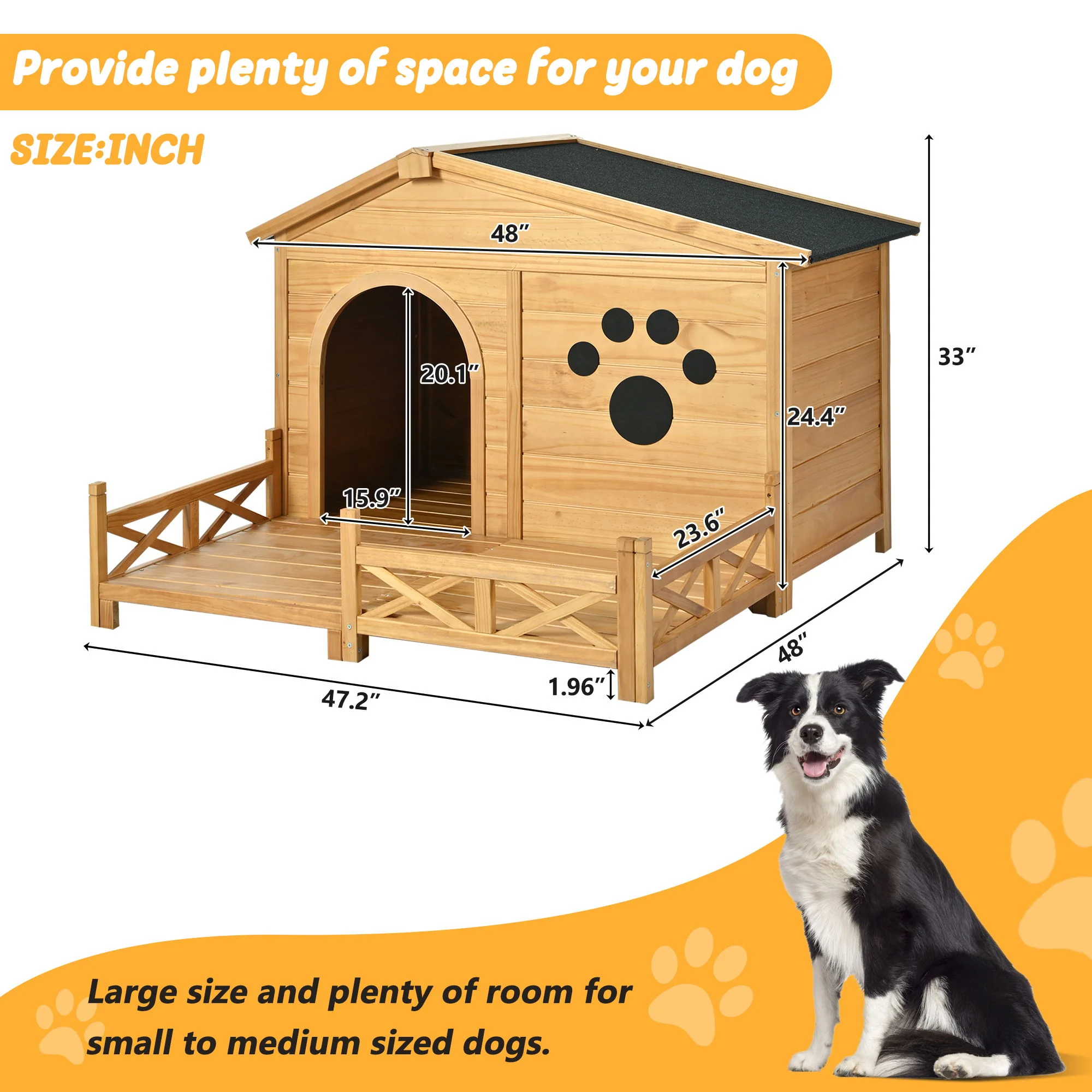 Wooden Dog House Outdoor With Porch, Dog Kennel With Water Resistant Asphalt Roof And Fencing, Indoor & Outdoor Dog Crate With Paw Print, Medium - Nature - Image 7