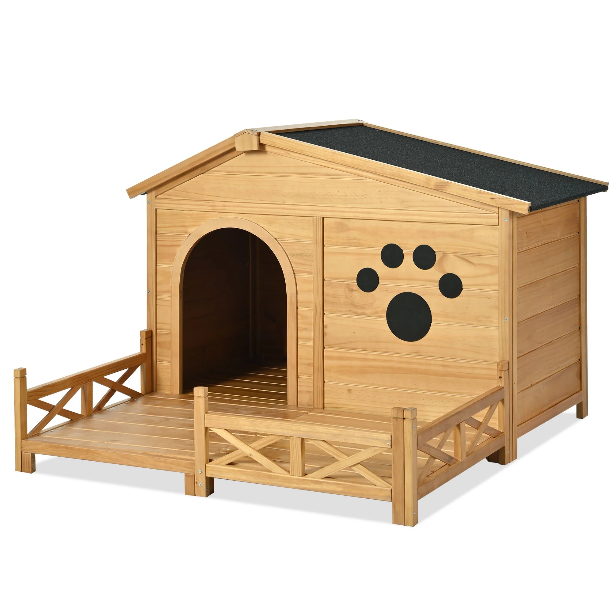 Wooden Dog House Outdoor With Porch, Dog Kennel With Water Resistant Asphalt Roof And Fencing, Indoor & Outdoor Dog Crate With Paw Print, Medium - Nature - Image 8