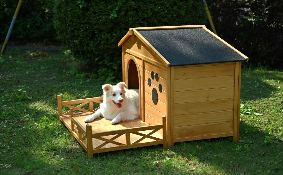 Wooden Dog House Outdoor With Porch, Dog Kennel With Water Resistant Asphalt Roof And Fencing, Indoor & Outdoor Dog Crate With Paw Print, Medium - Nature - Image 9