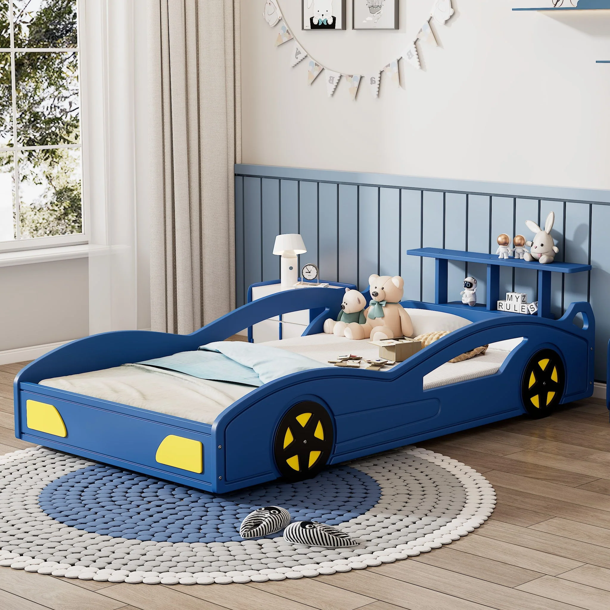 Wooden Race Car Bed, Car Shaped Platform Twin Bed With Wheels For Teens - Image 4