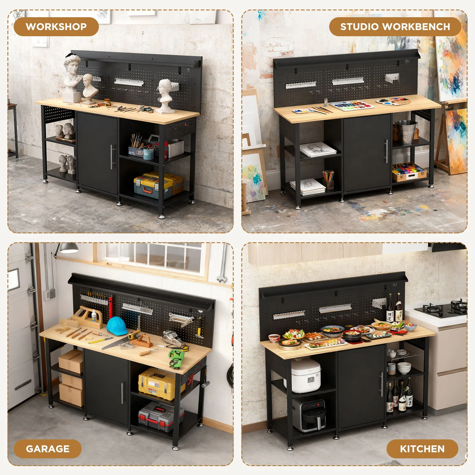 Workbench With Storage Cabinet And Pegboard - Black - Image 2