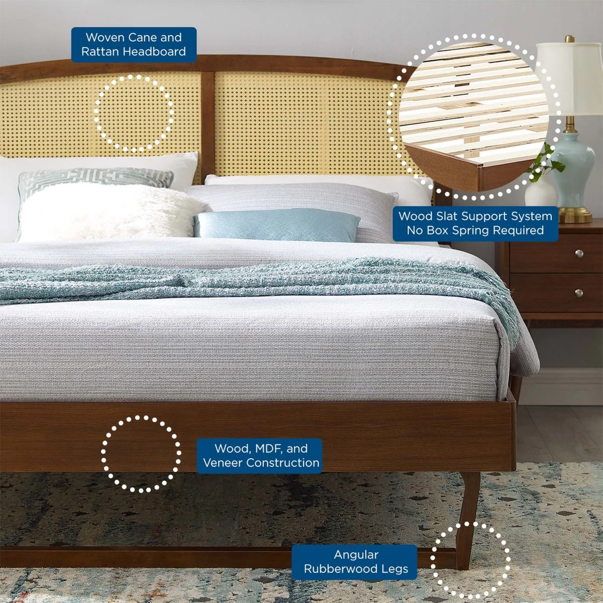 Woven Cane Rattan and Wood Platform Bed - Image 13