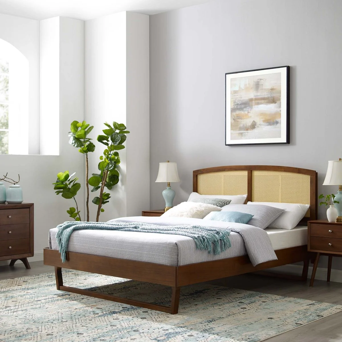 Woven Cane Rattan and Wood Platform Bed - Image 15