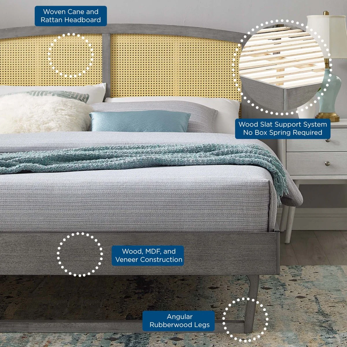 Woven Cane Rattan and Wood Platform Bed - Image 8