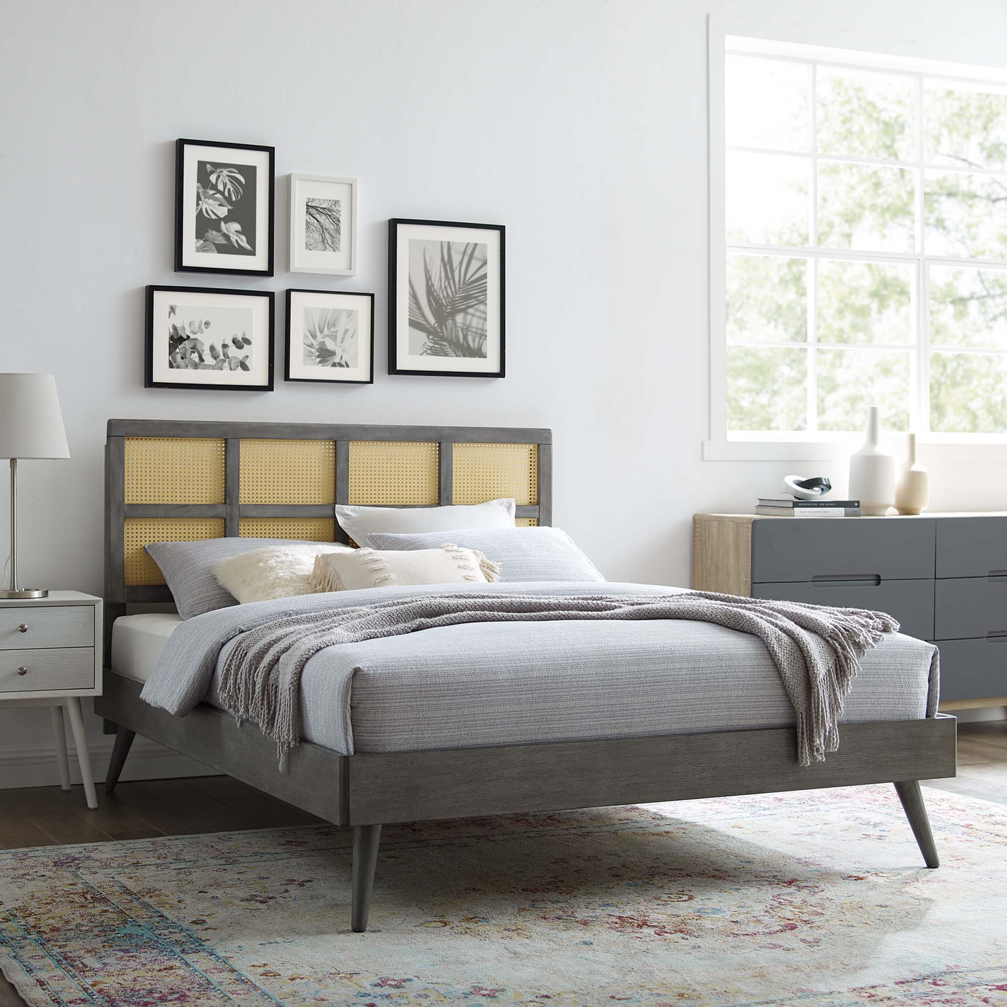 Woven Cane Rattan and Wood Platform Bed with Splayed Legs - Image 10
