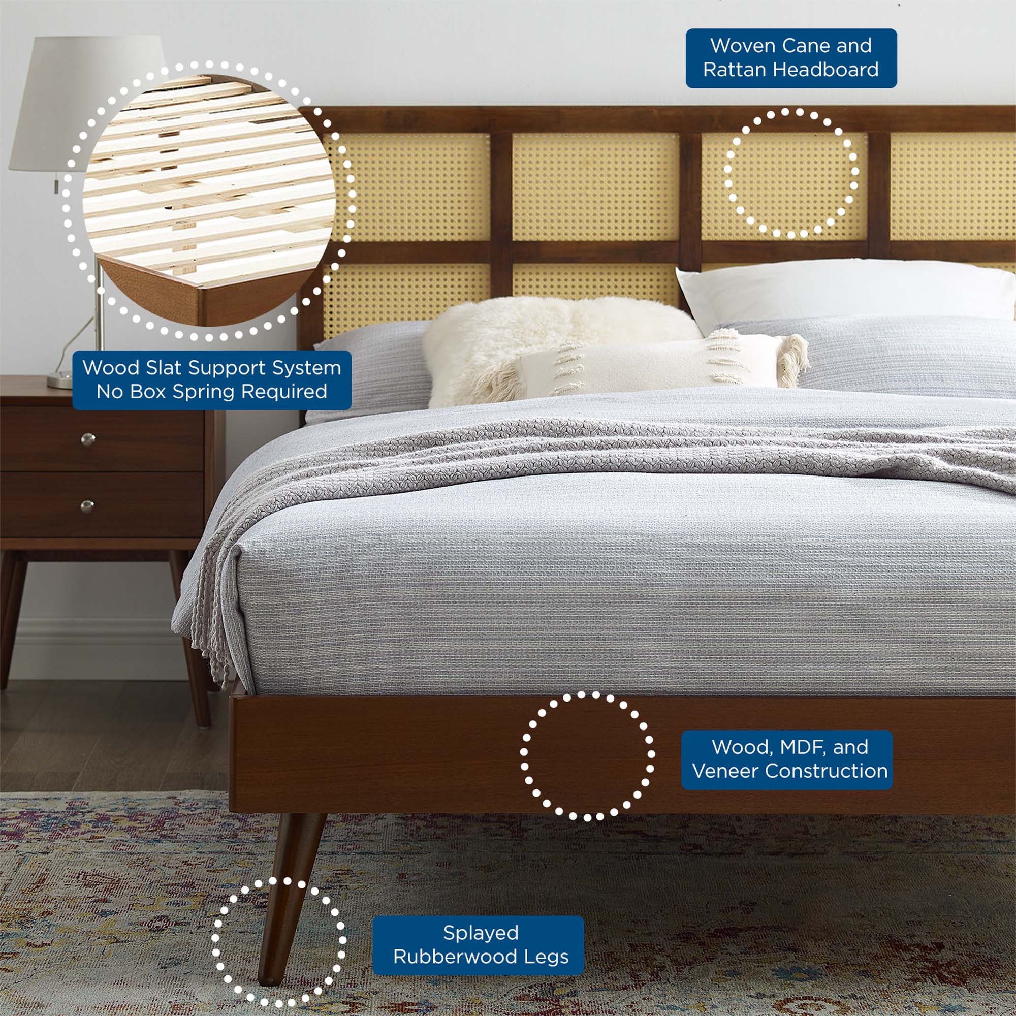 Woven Cane Rattan and Wood Platform Bed with Splayed Legs - Image 18