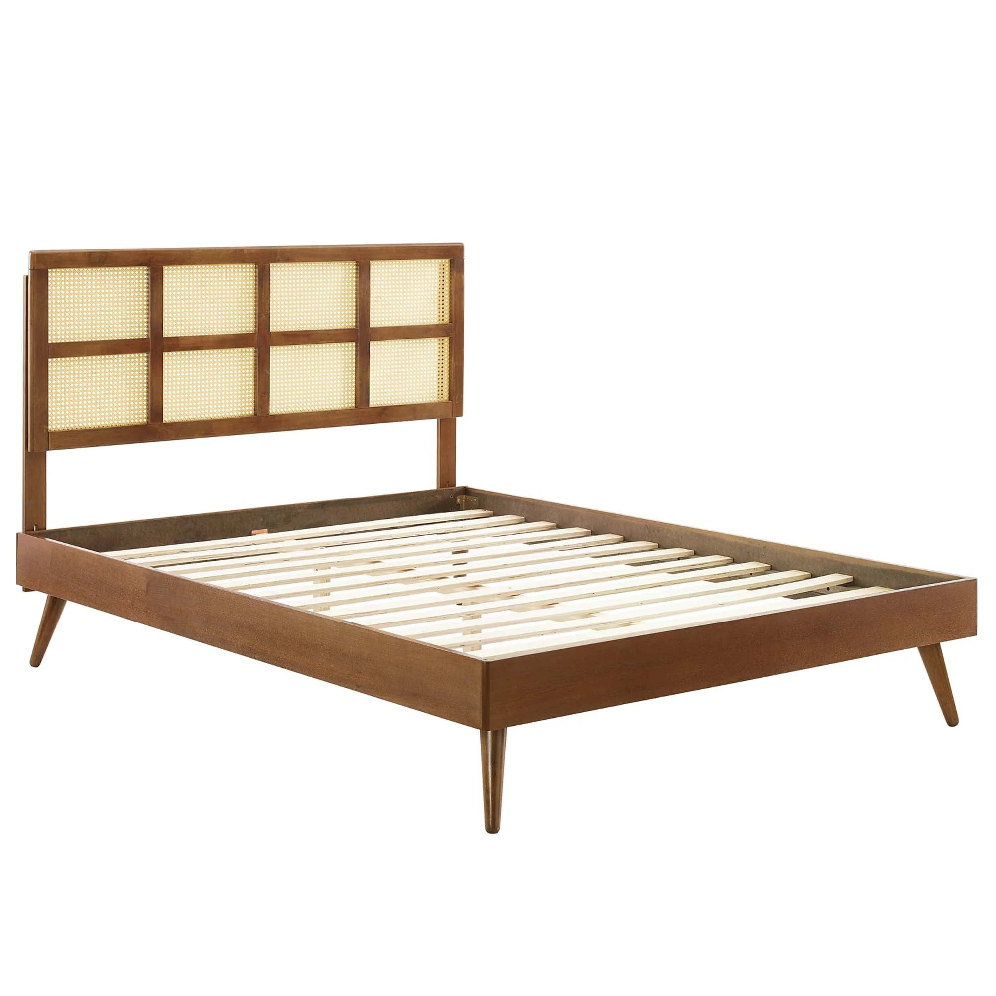 Woven Cane Rattan and Wood Platform Bed with Splayed Legs - Image 4