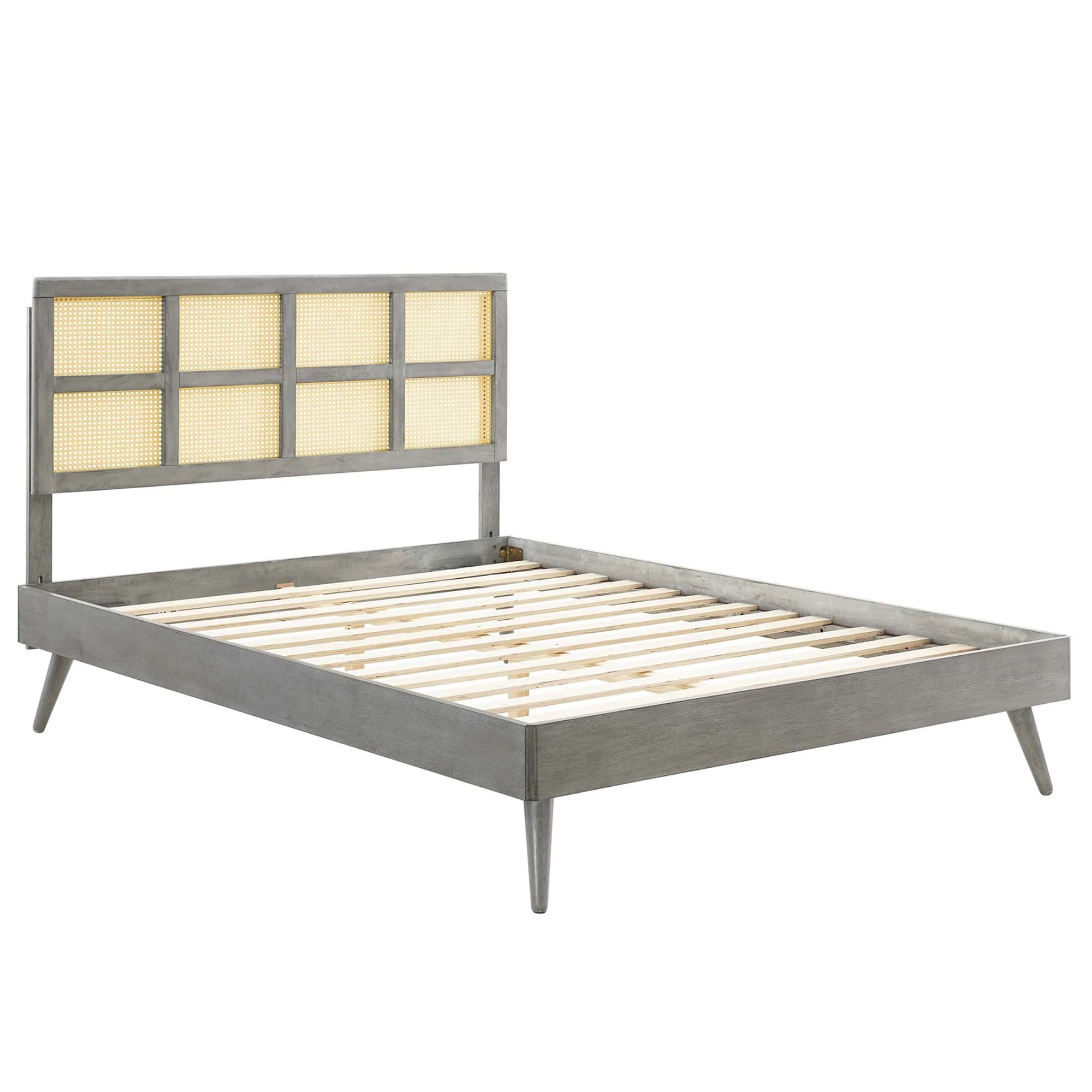 Woven Cane Rattan and Wood Platform Bed with Splayed Legs - Image 9