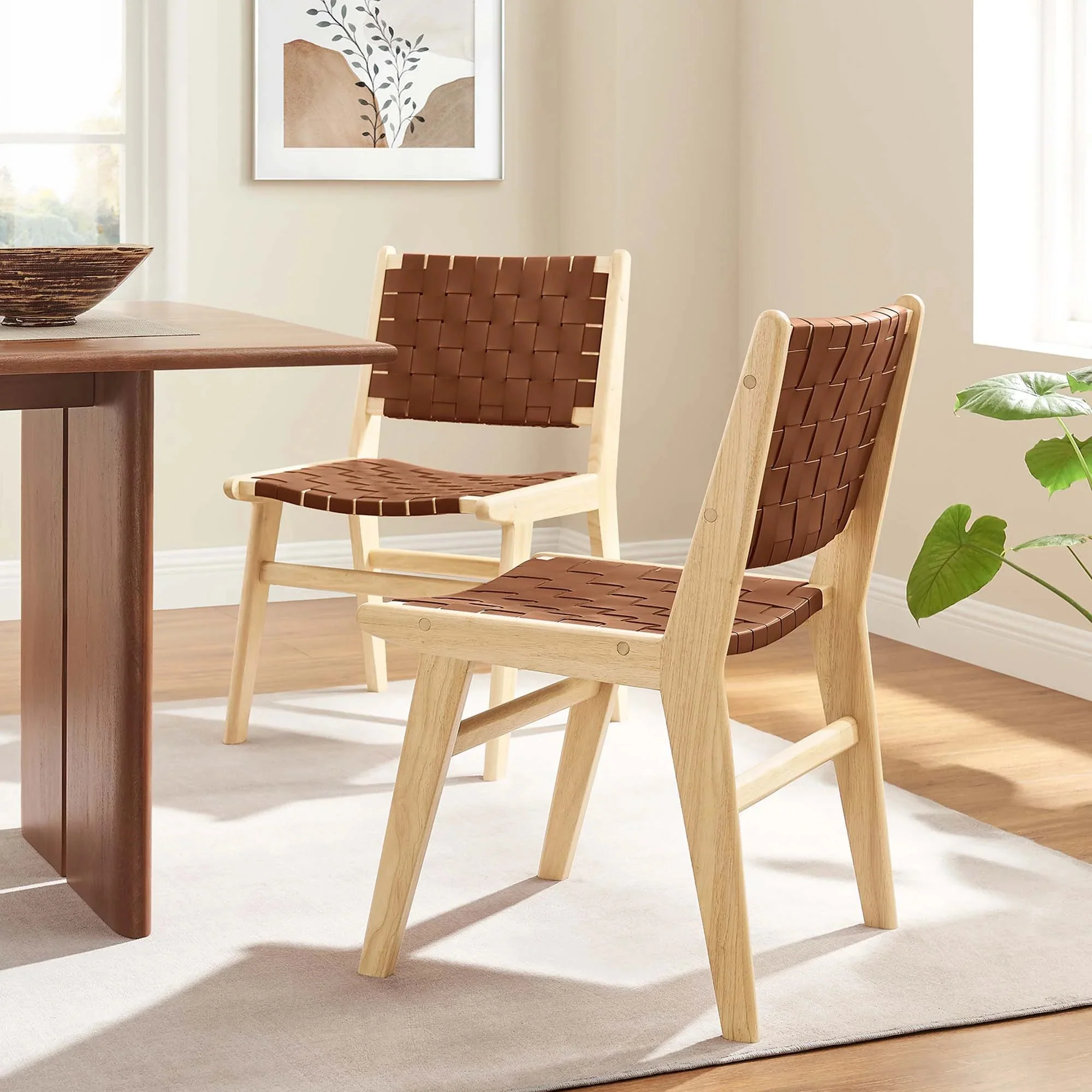 Woven Leather Wood Dining Side Chair Set with Basket Weave – Set of 2 - Image 7