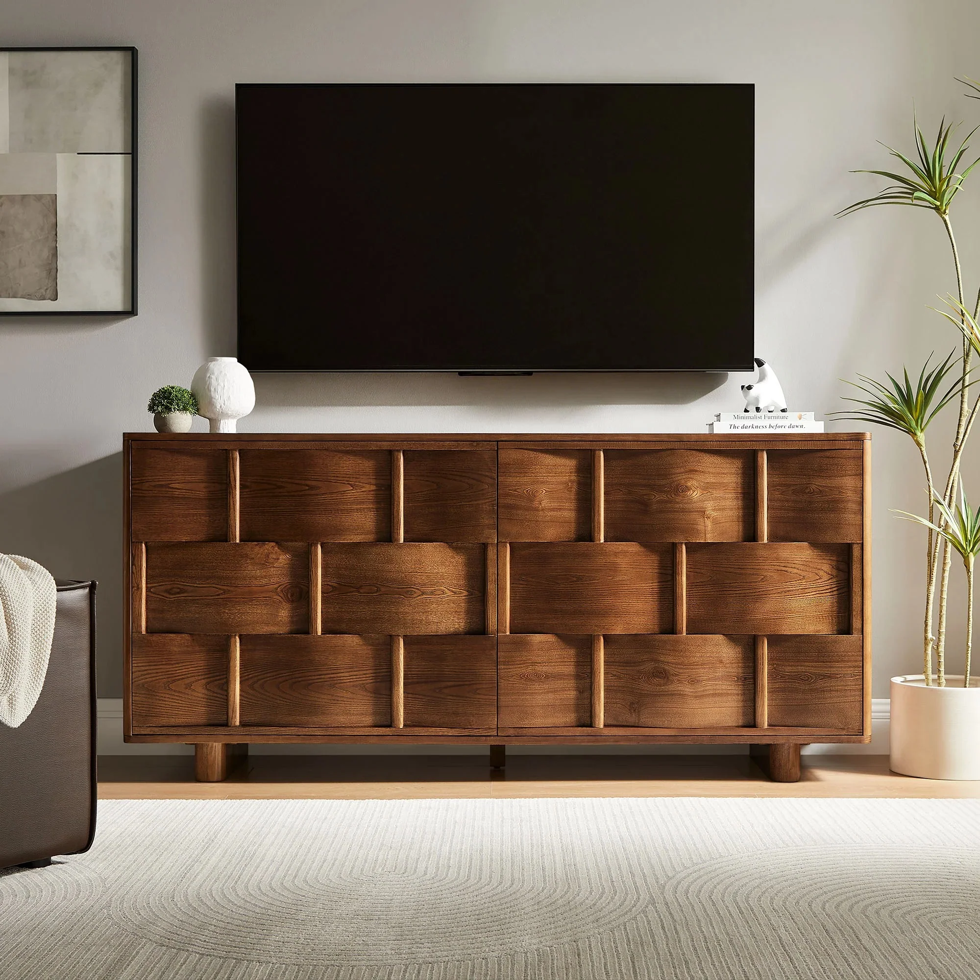 Woven Pattern Sideboard Storage Cabinet – Wood Finish 71 Inch - Image 26