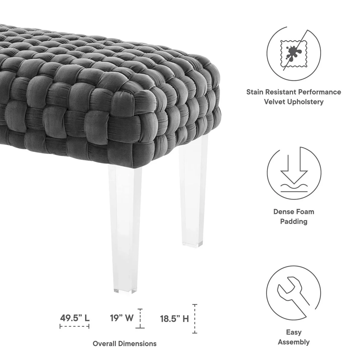 Woven Velvet Bench Ottoman with Acrylic Legs – 50 Inch - Image 17