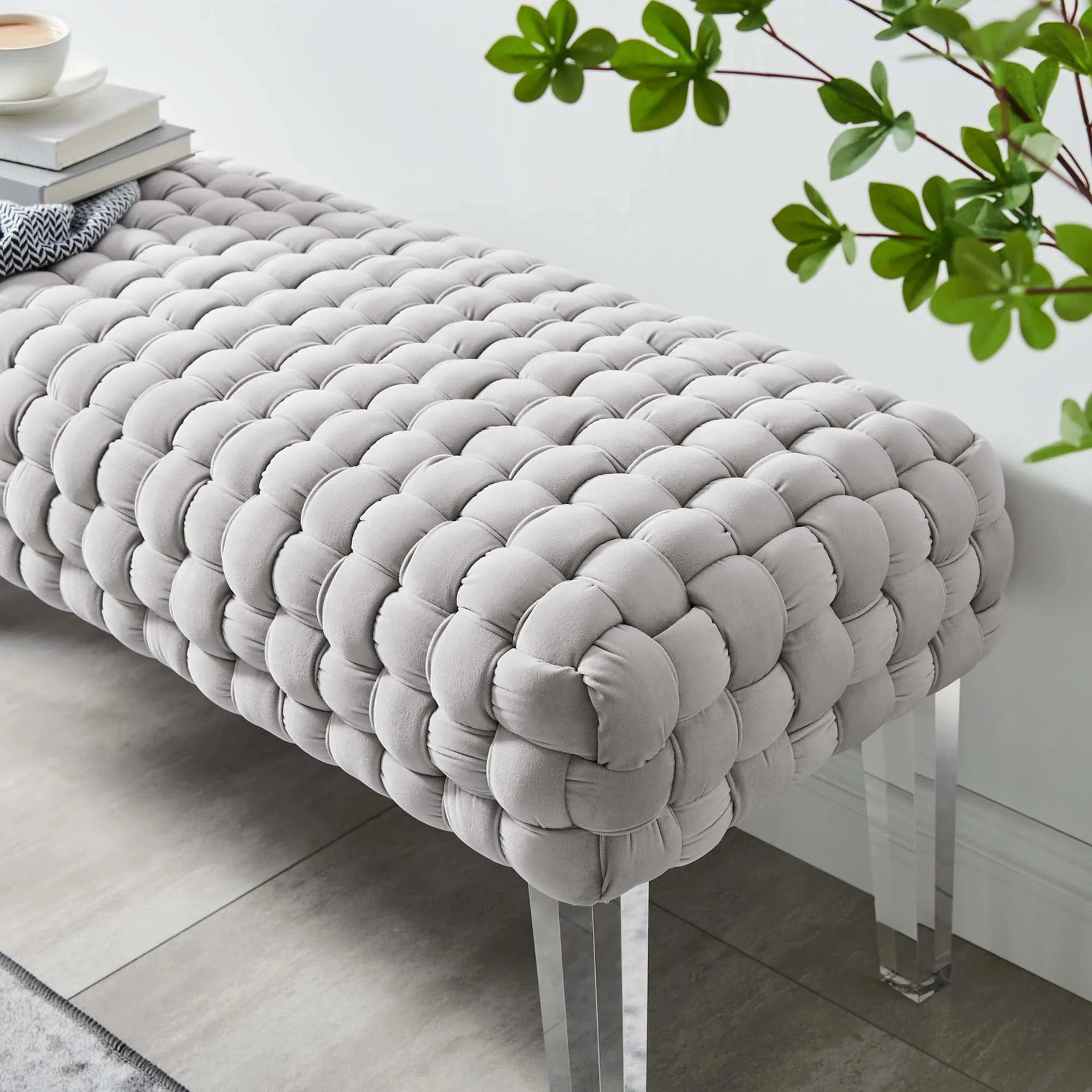 Woven Velvet Bench Ottoman with Acrylic Legs – 50 Inch - Image 22