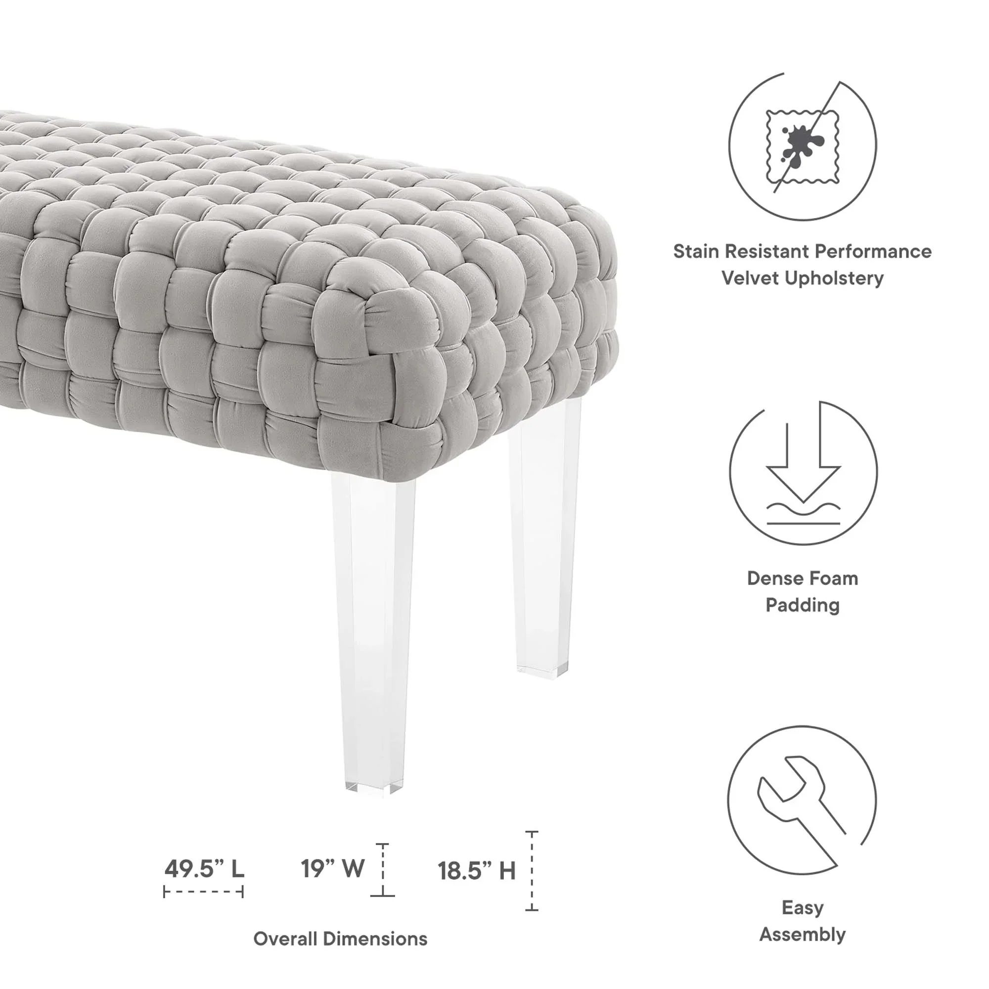 Woven Velvet Bench Ottoman with Acrylic Legs – 50 Inch - Image 23