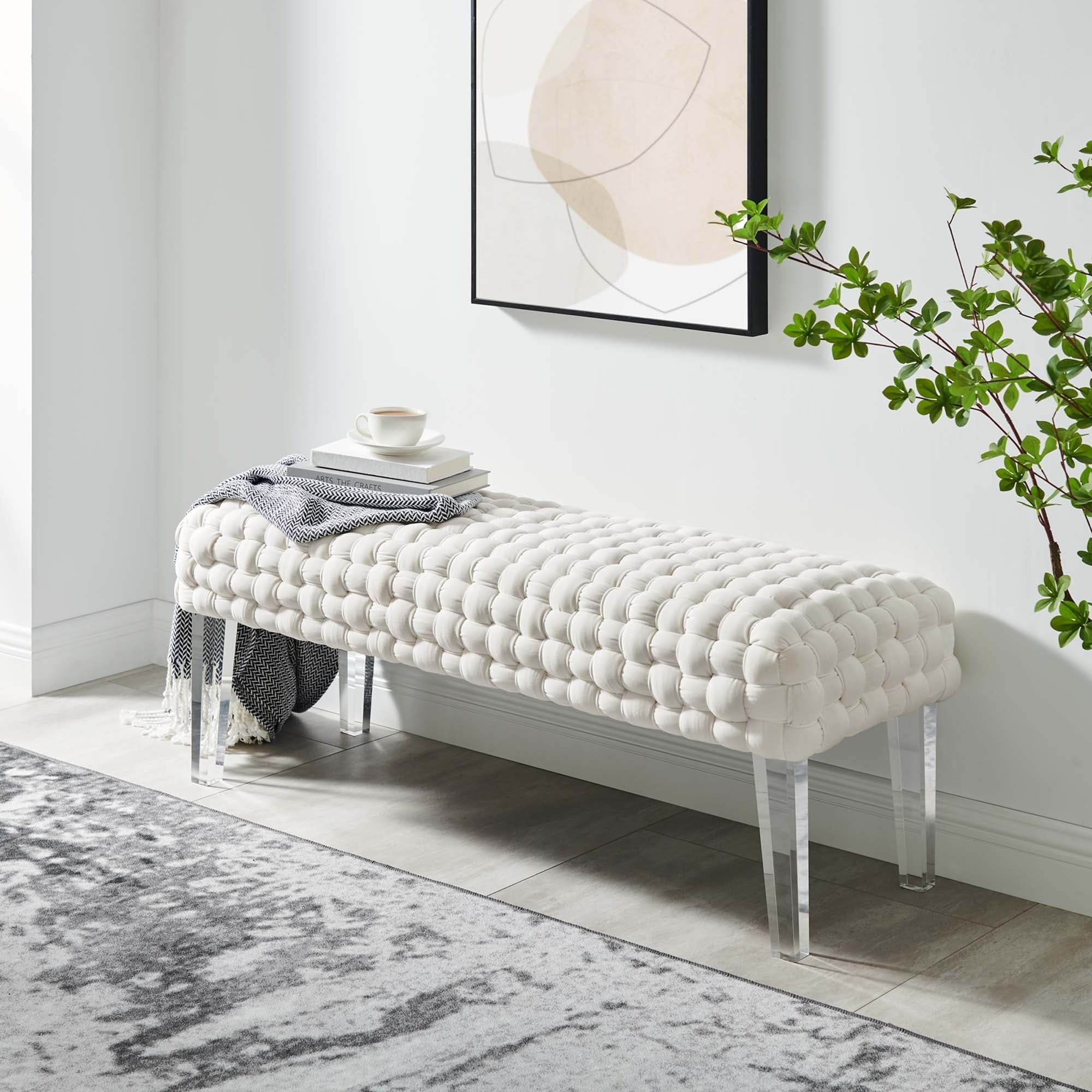 Woven Velvet Bench Ottoman with Acrylic Legs – 50 Inch - Image 35