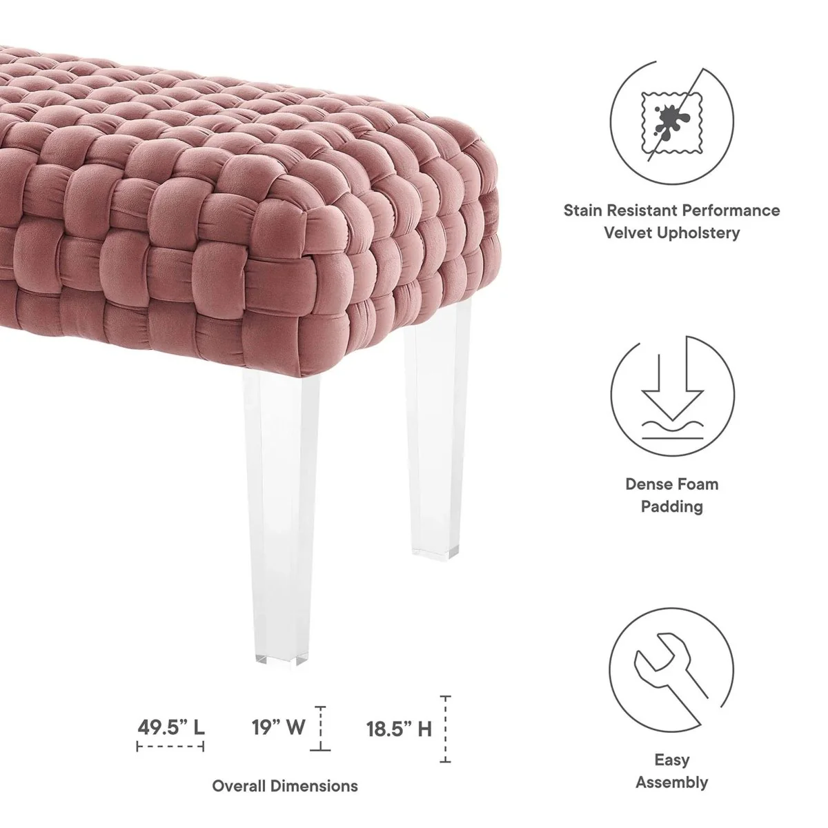 Woven Velvet Bench Ottoman with Acrylic Legs – 50 Inch - Image 4