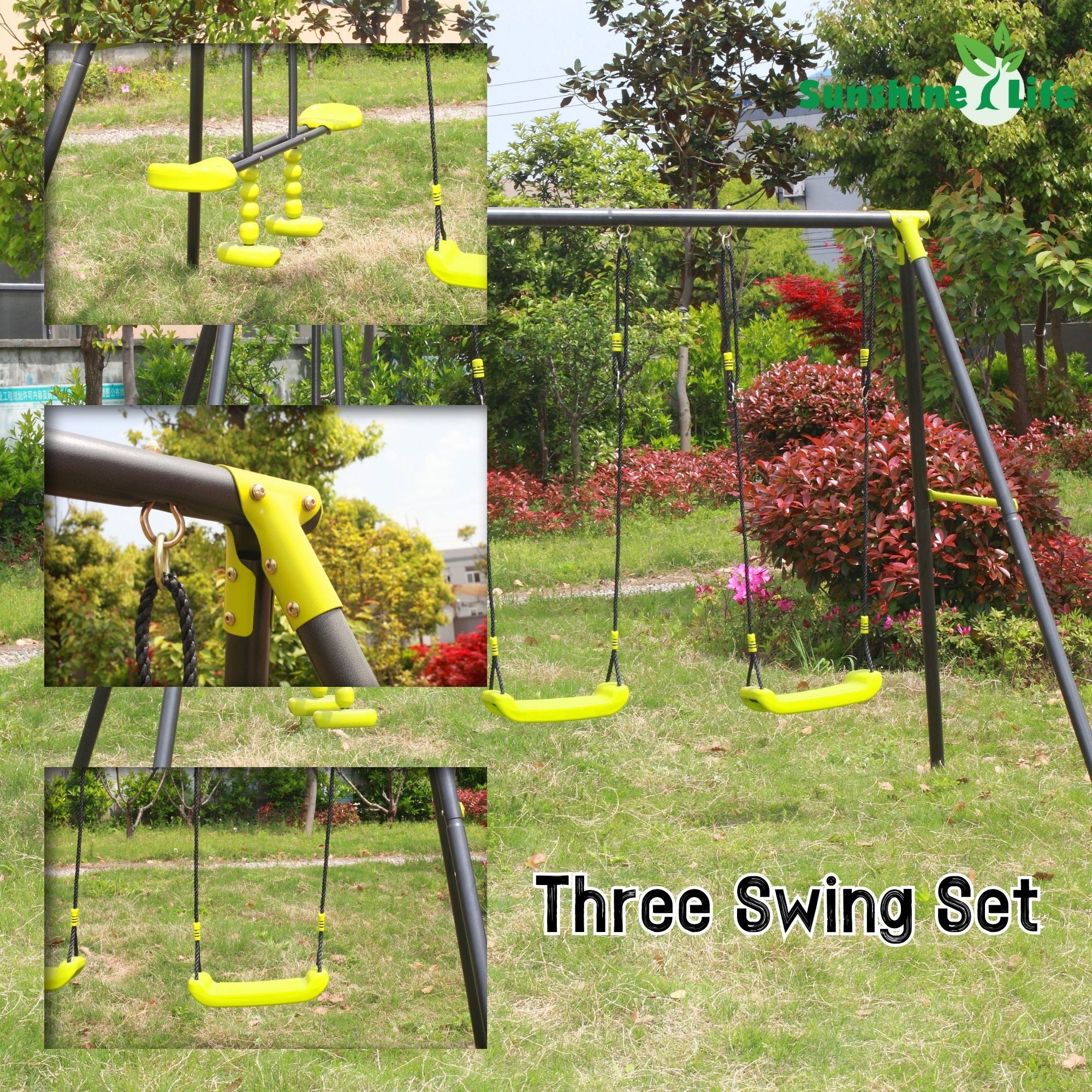 Xns008 Interesting Triple Children Metal Safe Swing Set 440Lbs For Outdoor Playground Three Seat Swing For Age 3+ - Green / Black - Image 3