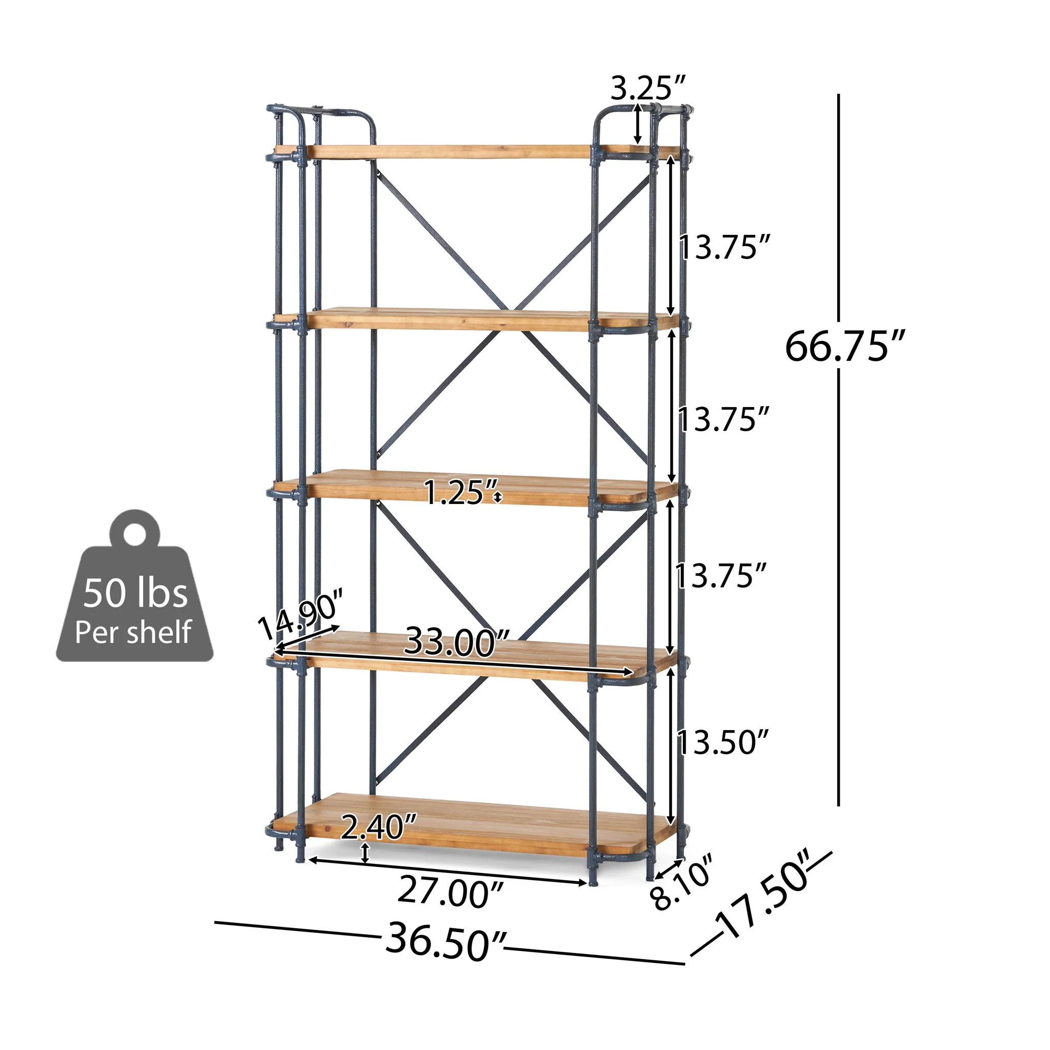 Yorktown - Industrial 5 Shelf Bookcase With Metal Pipework And Solid Fir - Natural - Image 4