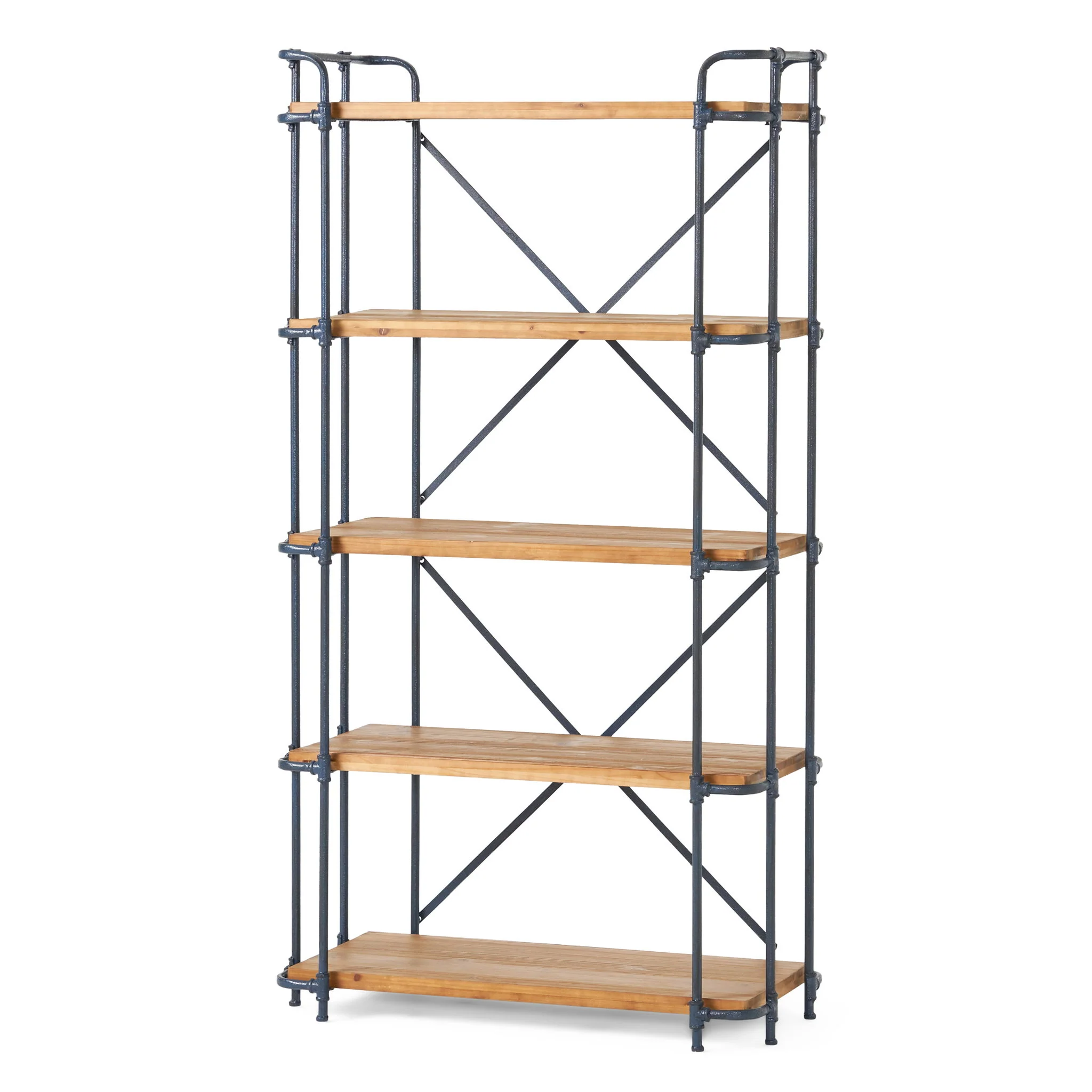 Yorktown - Industrial 5 Shelf Bookcase With Metal Pipework And Solid Fir - Natural - Image 5