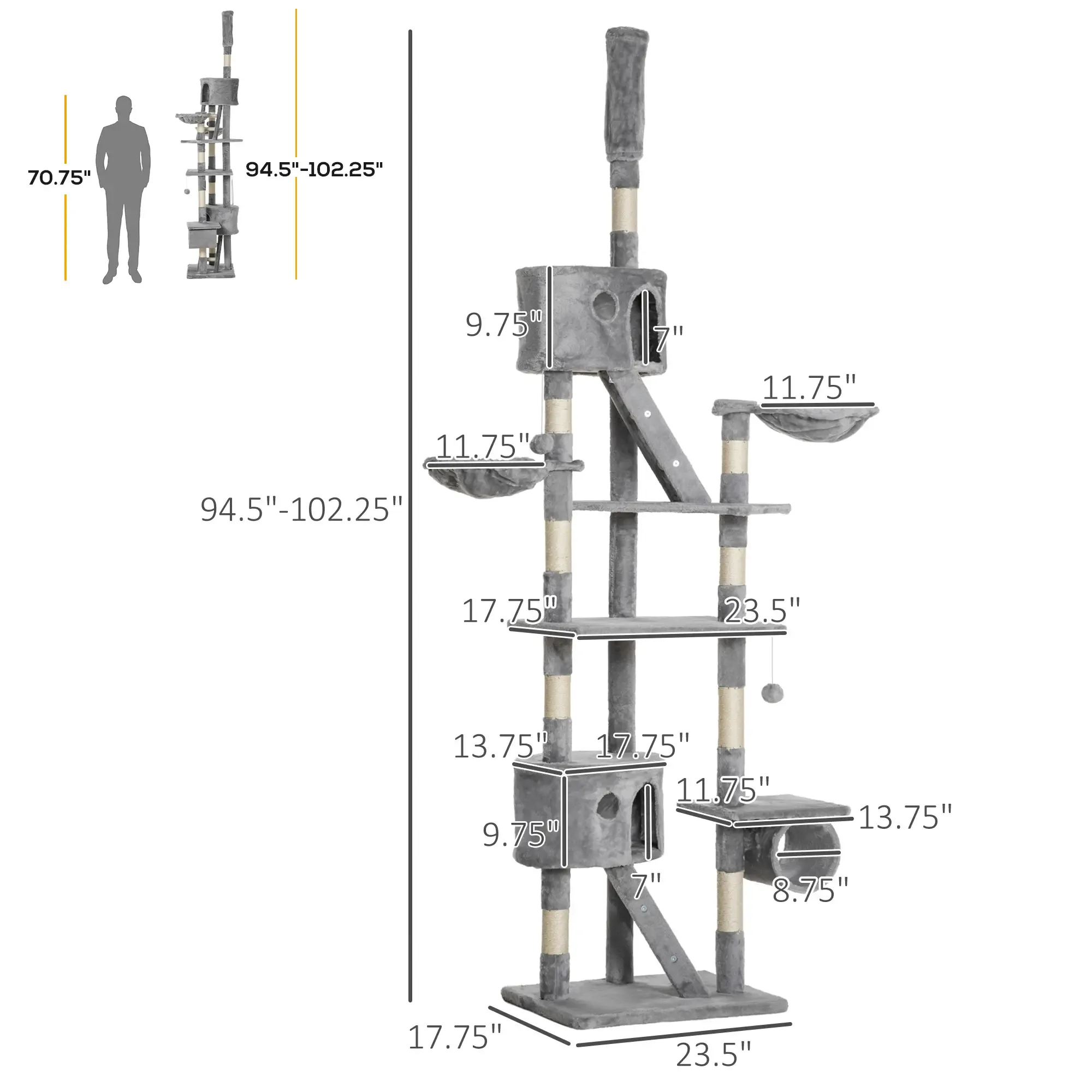 Zephyr 102-Inch Floor-to-Ceiling Cat Tree with Dual Condos and Hammocks - Image 2