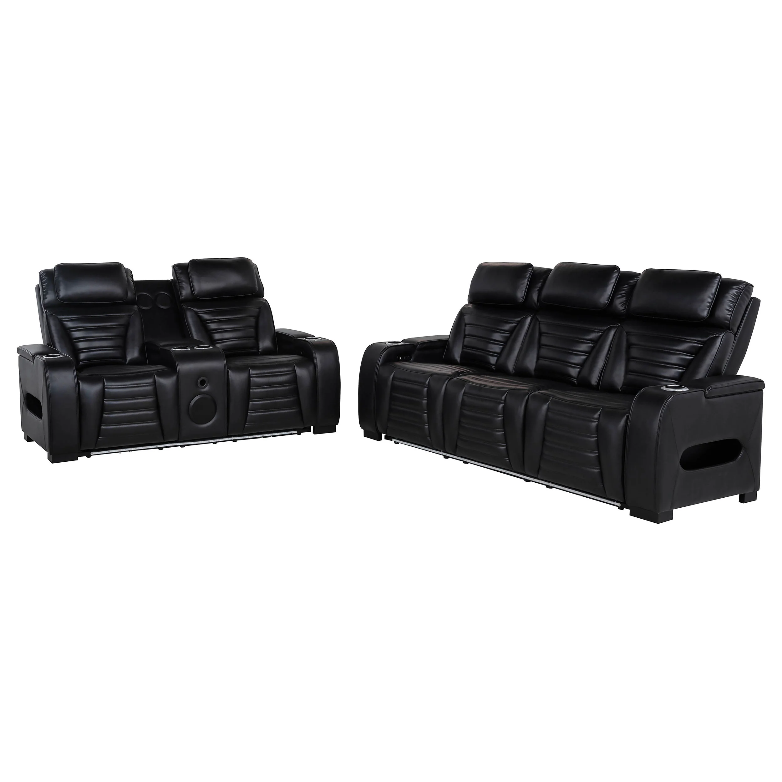 Zuma 2-Piece Faux Leather Dual Power LED Sofa Set, Black